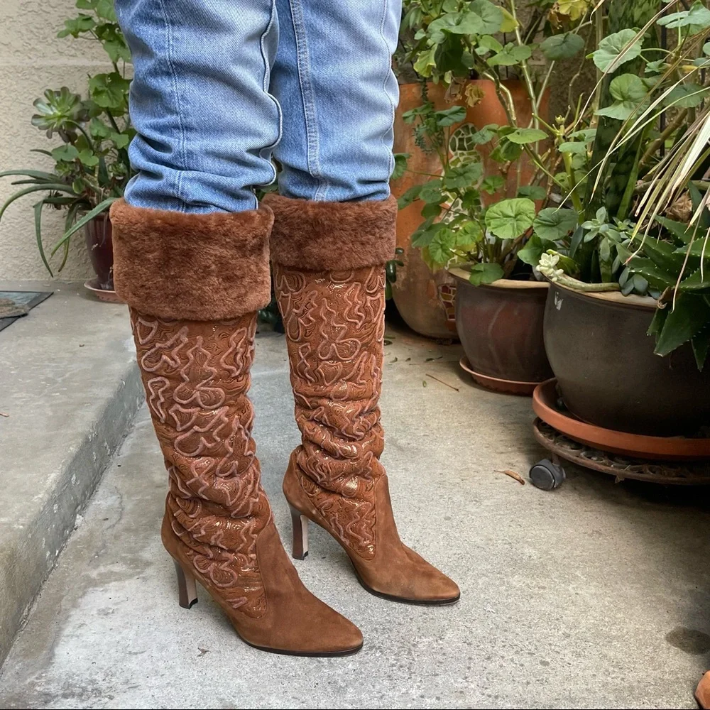 Vintage orange/brown Manolo Blahnik over the knee leather boots in original box
